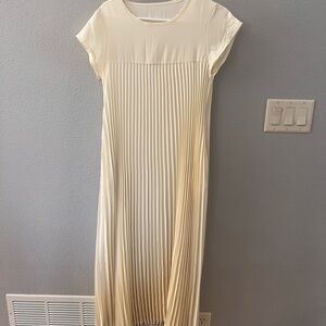 Cream Pleated Midi Dress with Cap Sleeves